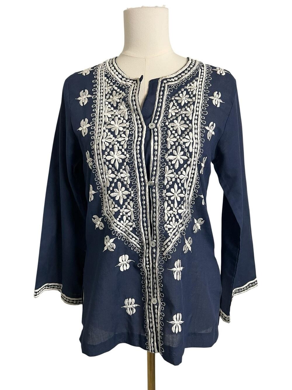 Navy White Embroidered Boho Tunic Blouse Cottagecore Peasant Top Small